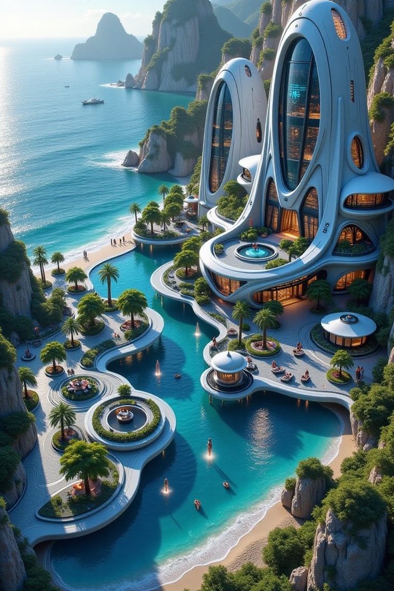 A jaw-dropping futuristic sci-fi beach resort with architecture seamlessly integrated with the surrounding nature. Ground-...