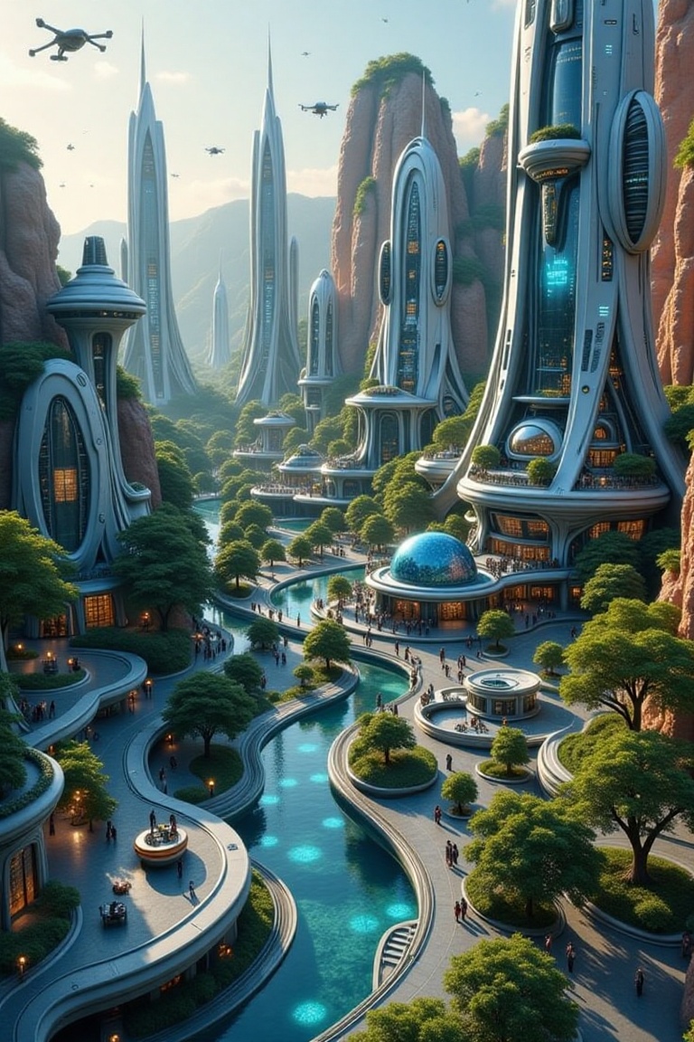 A futuristic sci-fi park powered by renewable energy sources,  with glowing solar panels embedded in the ground and wind t...