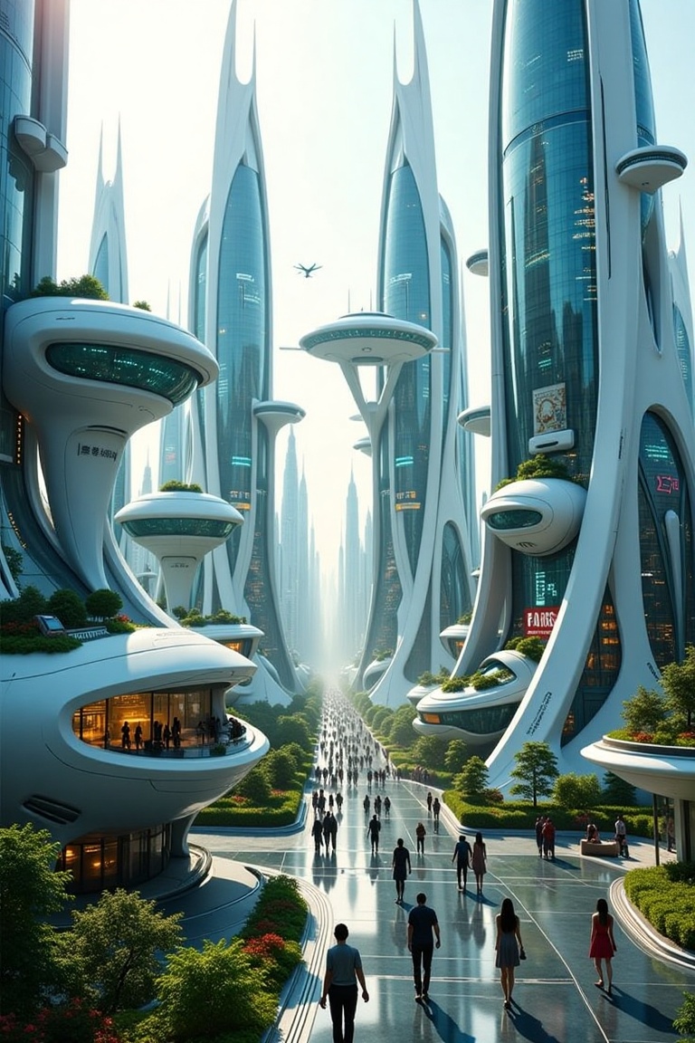 A stunning hyper-realistic photography captures the breathtaking futuristic cityscape,  where sleek skyscrapers rise like...