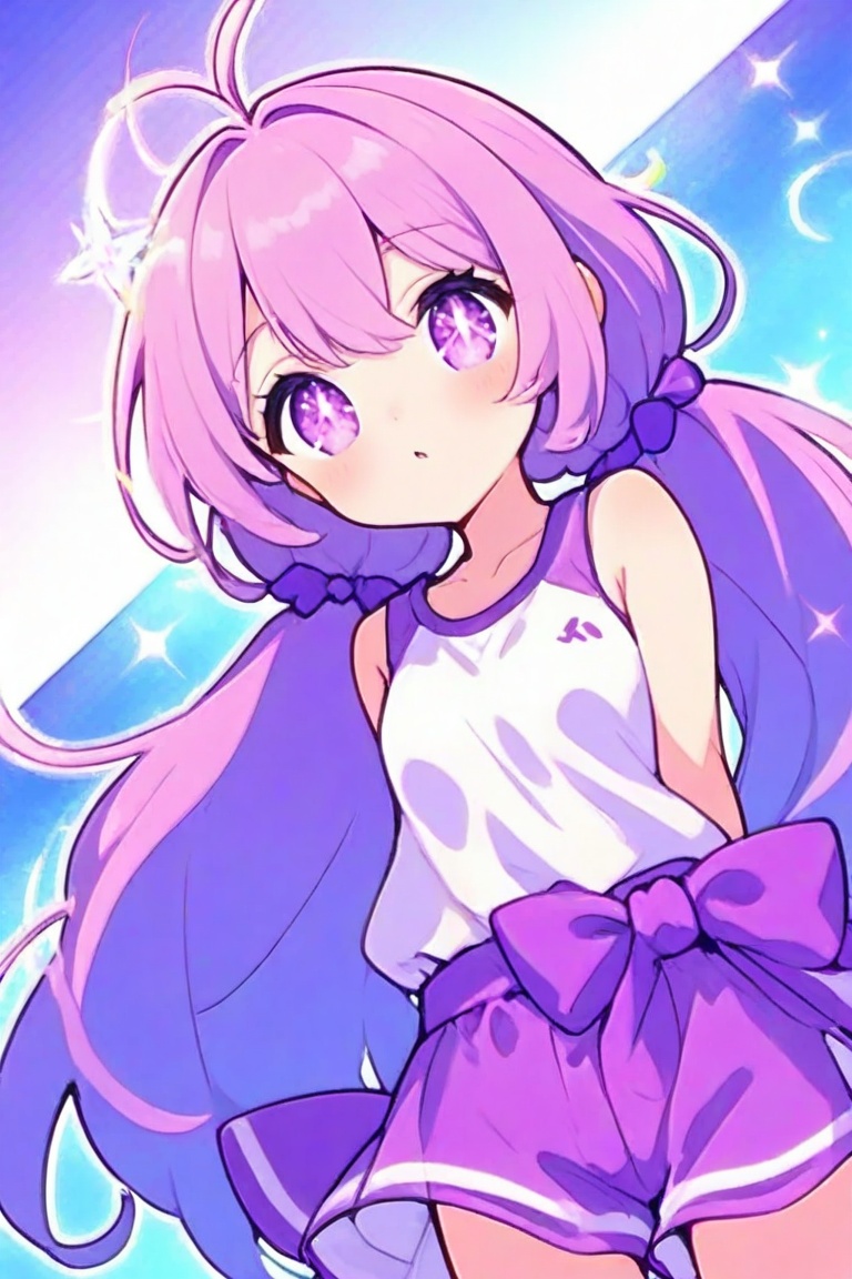 A delicate flower adorns her hair,  which is tied back with an antenna-like ahoge and topped with a purple bow. Her eyes s...