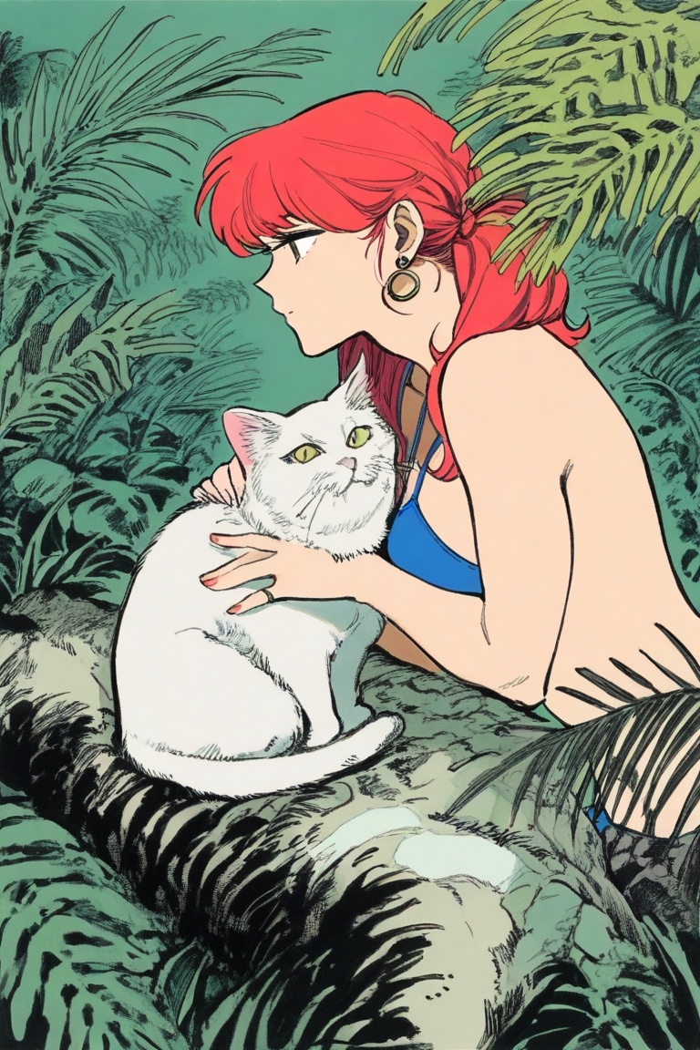 A woman in a jungle holding a cat on Tensor.Art