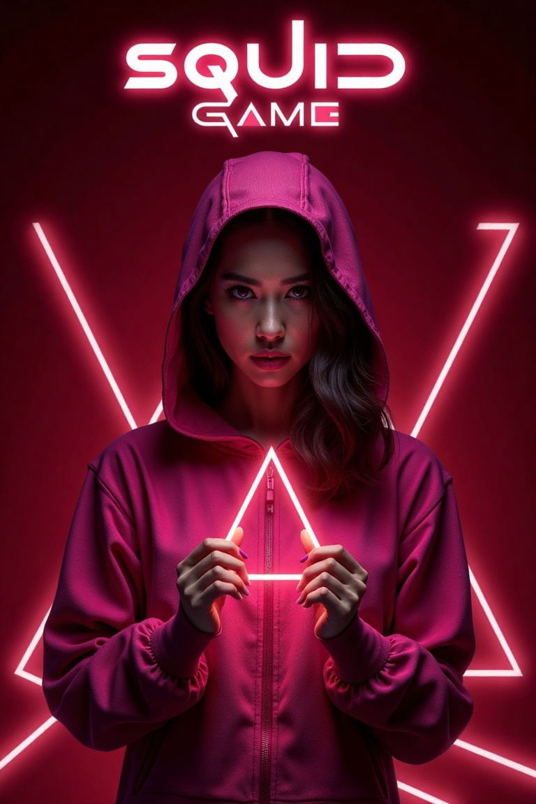A dramatic poster featuring a woman in a striking pink cloth outfit,  inspired by Squid Game,  holding a glowing triangle...
