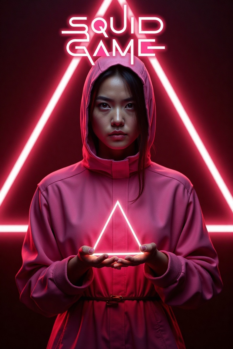 A dramatic poster featuring a woman in a striking pink cloth outfit,  inspired by Squid Game,  holding a glowing triangle...