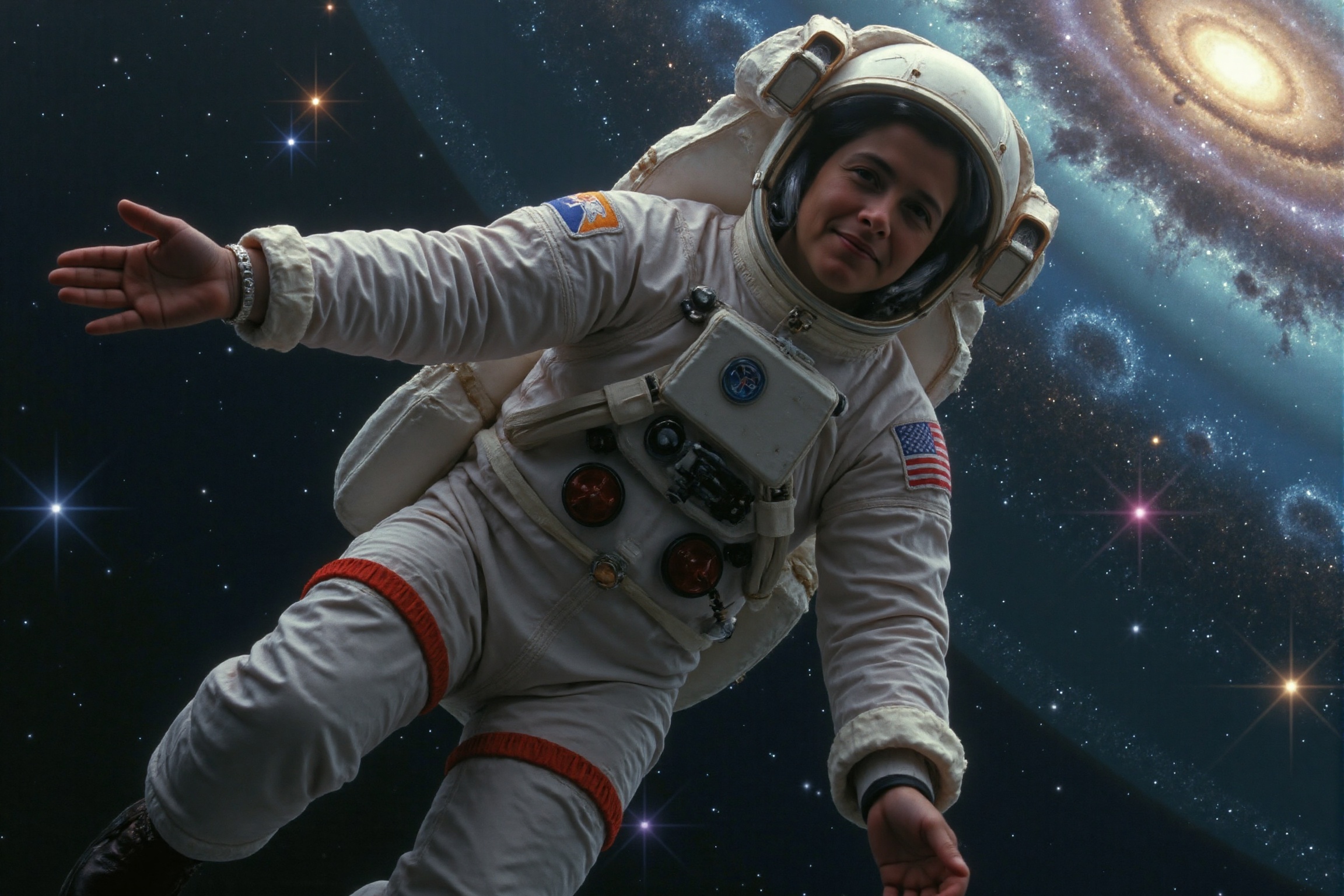 An astronaut floating in zero gravity,  surrounded by the vast expanse of space,  with distant galaxies and shimmering sta...