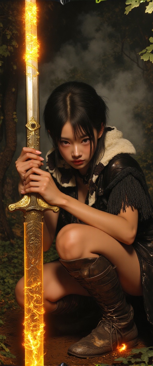 [ A fierce sexy japanese female warrior crouched low,  gripping a long,  ornate sword with both hands on Tensor.Art