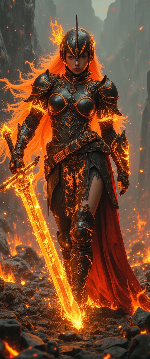 A fiery female warrior clad in molten blackened armor,  her form radiating raw power and elemental fury. Her armor is intr...