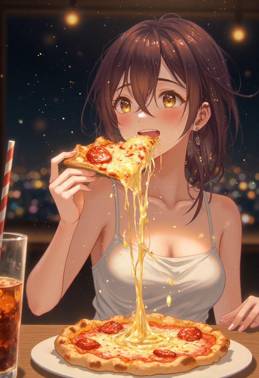 A close-up shot of a anime woman's delighted expression as she takes a big bite of a piping hot pizza,  cheese strings str...