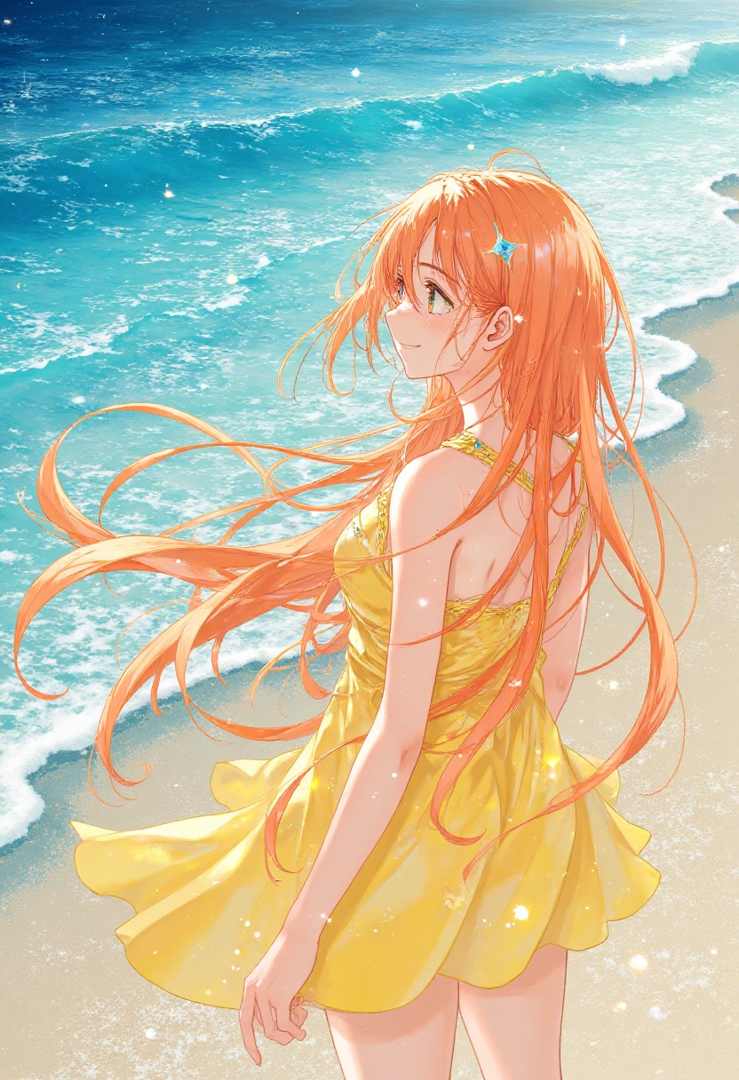 anime girl with vibrant orange hair,  standing on a sun-kissed beach,  surrounded by gentle waves and warm sand. She wears...