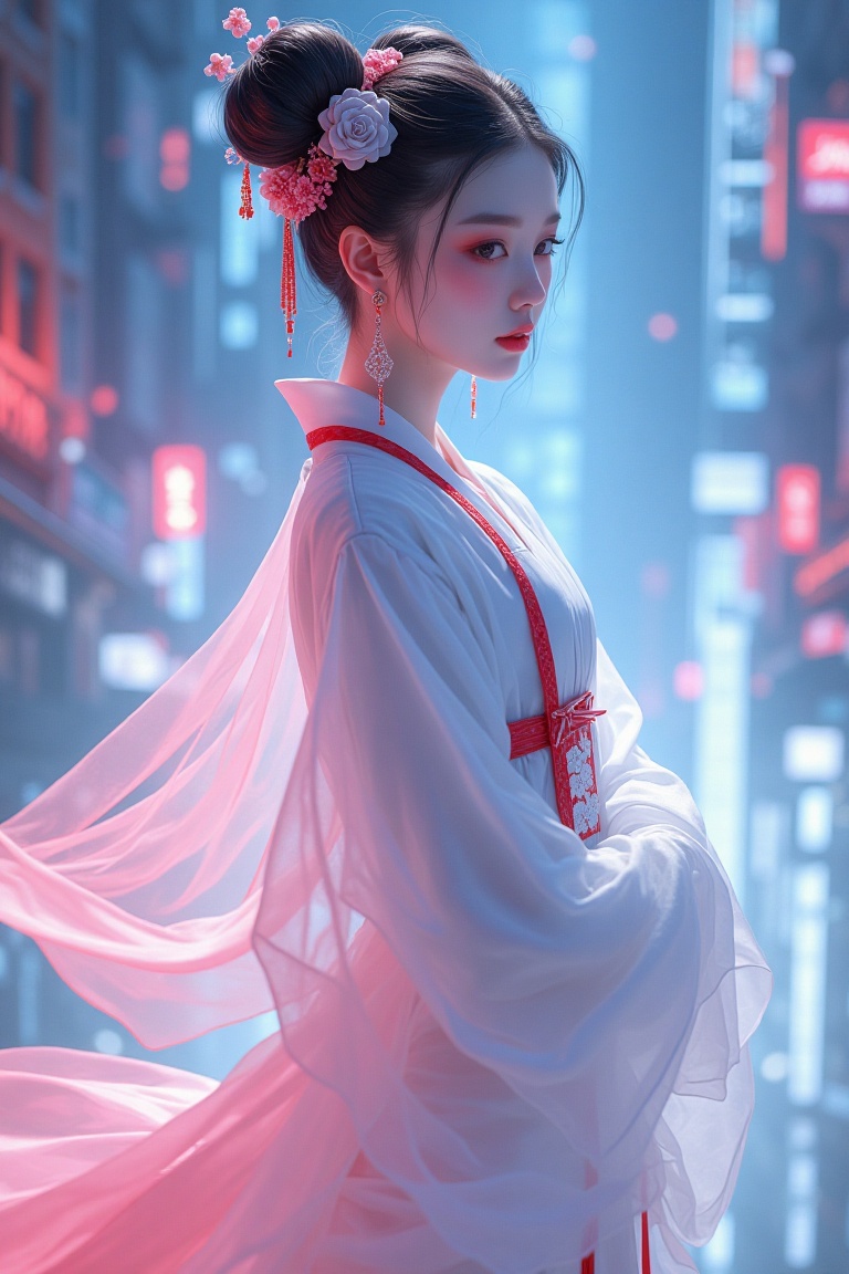Ethereal cyberpunk illustration,  a graceful hanfu girl with intricately styled buns hair stands elegantly in a flowing,...
