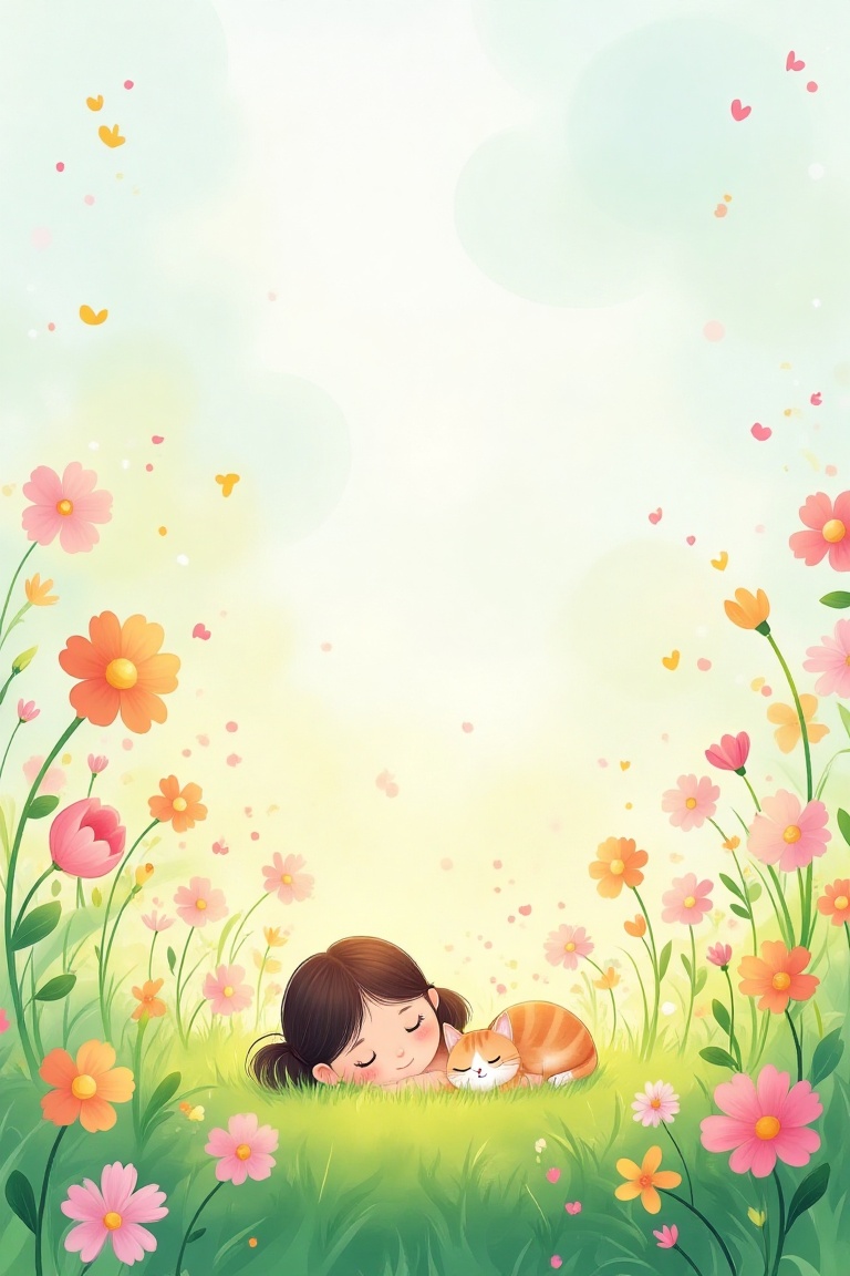 A cartoon children's book illustration of a young girl peacefully sleeping with her cat on a vibrant field of flowers. The...