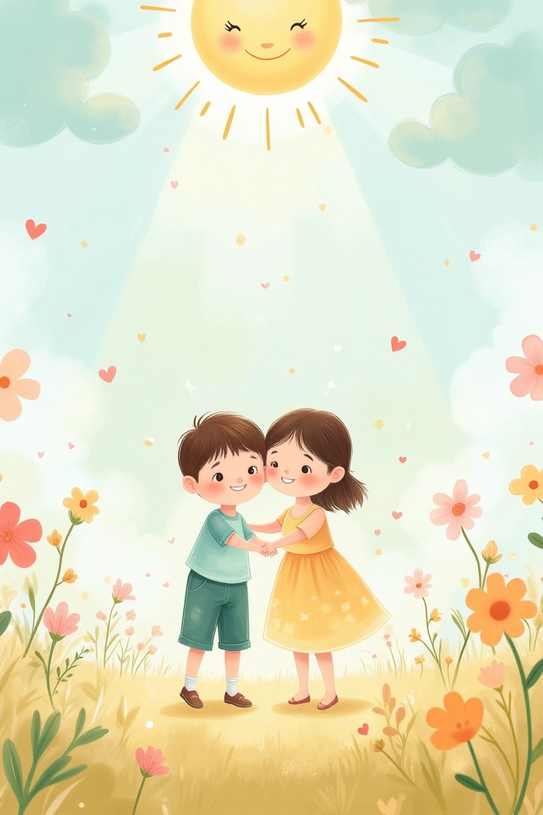 A cartoon children's book illustration of a boy and his mother sharing a warm hug under a cloudy sky with a smiling sun pe...