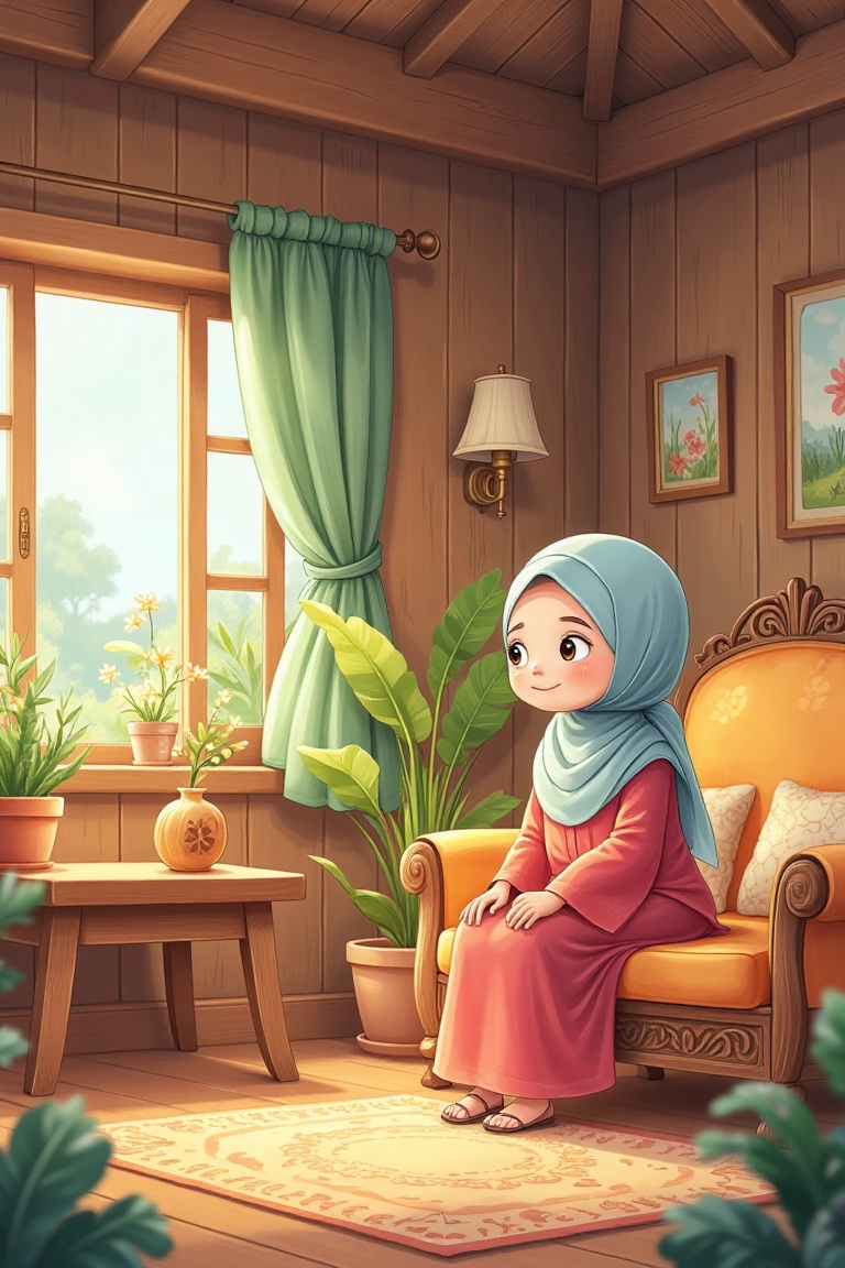 A cartoon children's book illustration of a 65-year-old Malay woman in a hijab sitting alone on a couch in a quaint wooden...