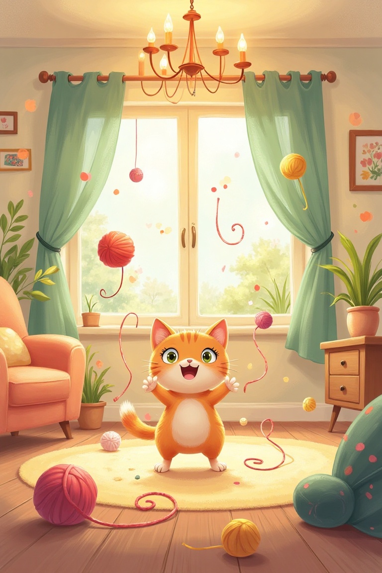 A cartoon children's book illustration of a playful cat batting a yarn ball in a cozy living room. The scene is framed wit...