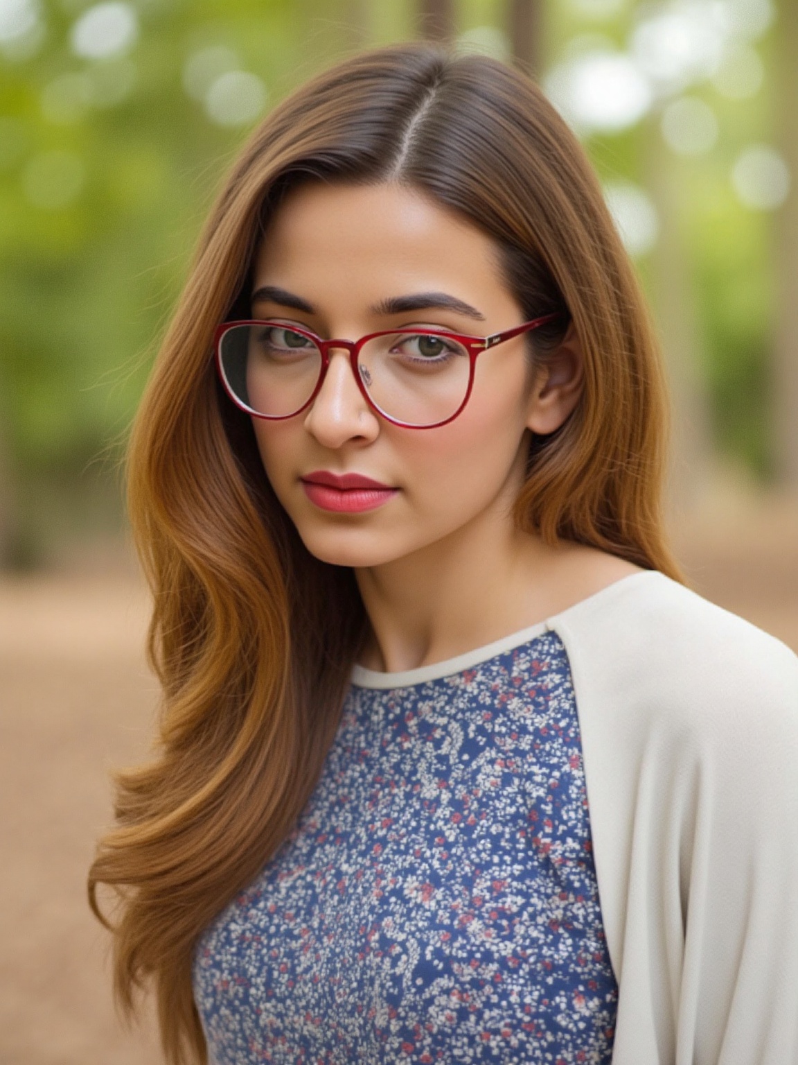 A close-up shot of a young woman with long brown hair,  a white shirt with a blue and white design,  and red rimmed glasse...
