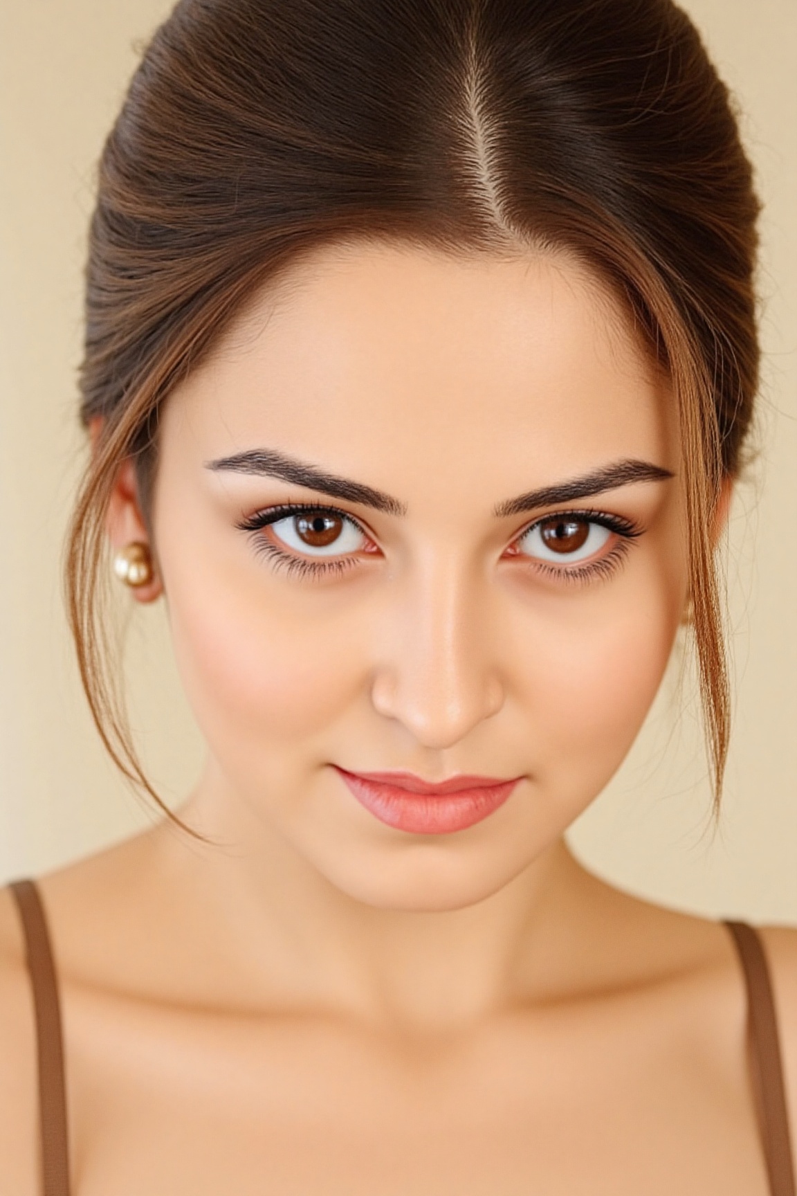 A close-up portrait of a young woman's face is angled towards the right side of the frame. The woman's eyes are a piercing...