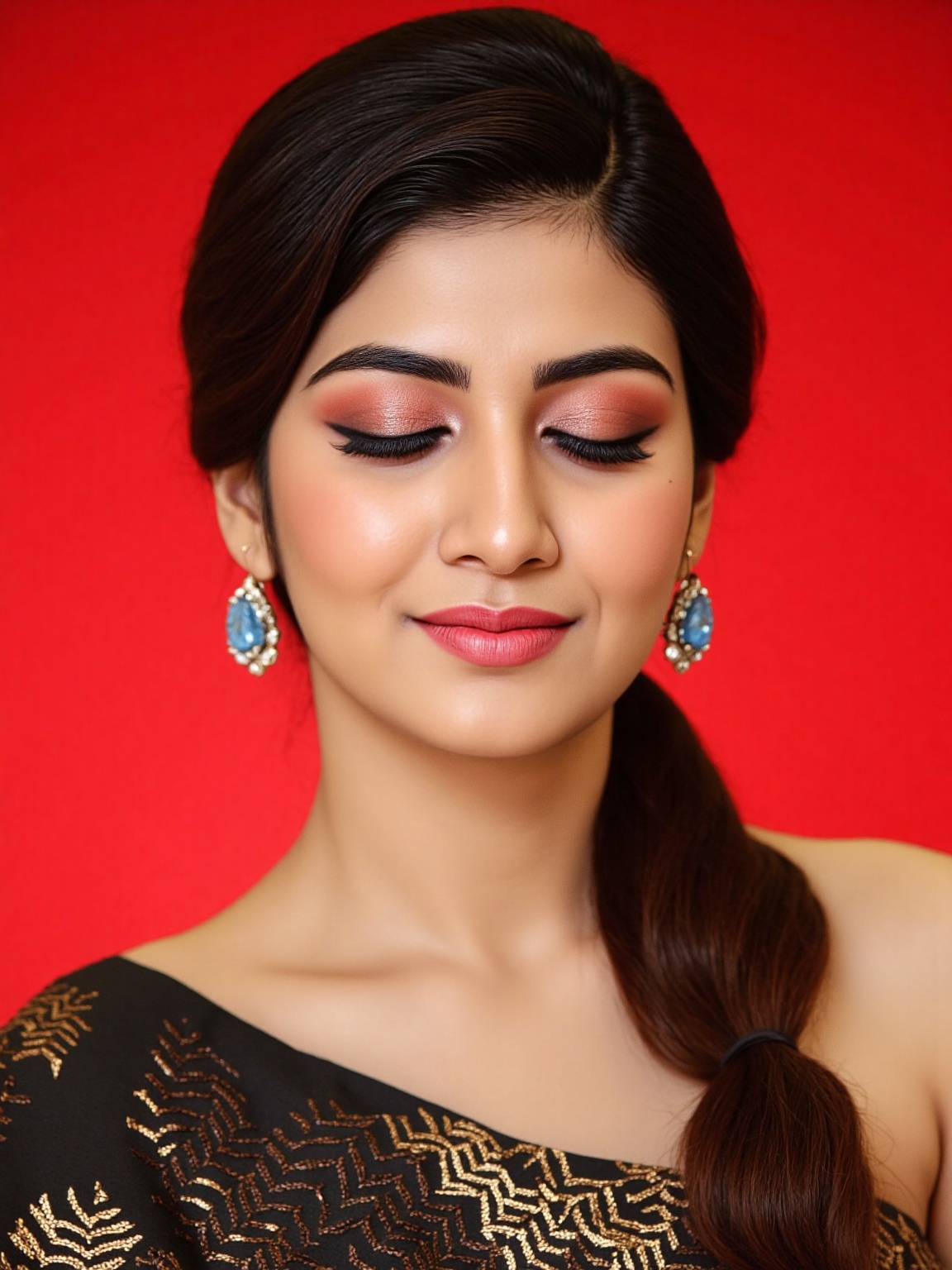 A close-up portrait of a young Asian woman with long dark brown hair pulled back into a braid. She is wearing a black slee...