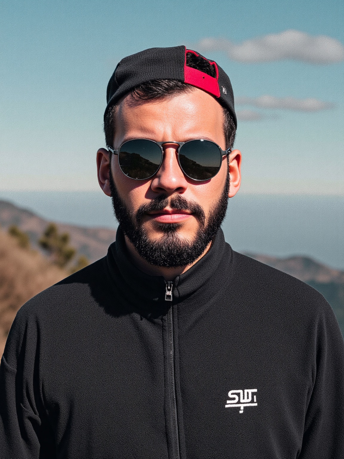 A man is standing outside on a sunny day. He is wearing a red and black cap on his head. The man is wearing black sunglass...