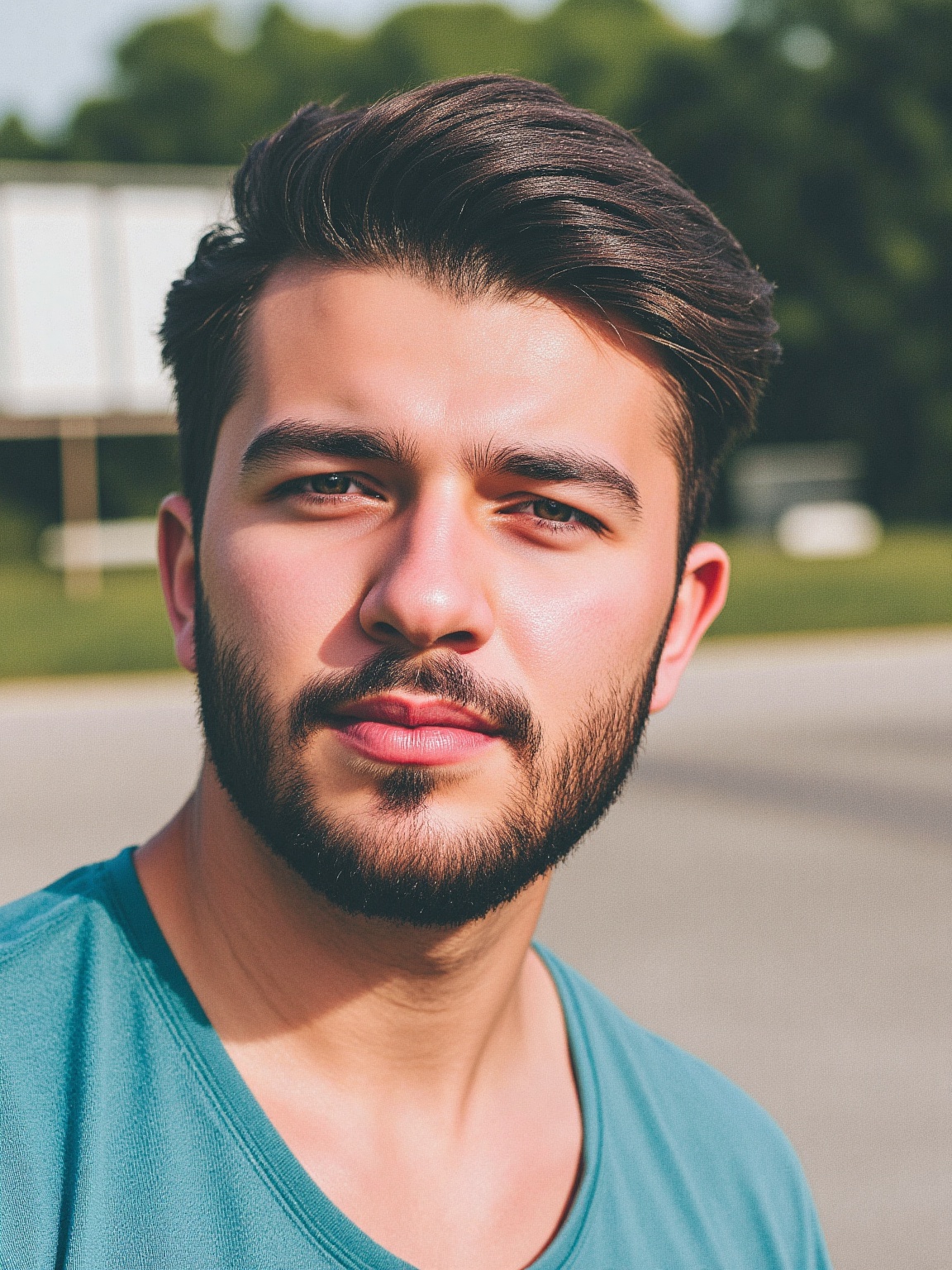 A close-up shot of a young man with dark brown hair and a beard. He is looking off to the side,  with a slight smile on hi...