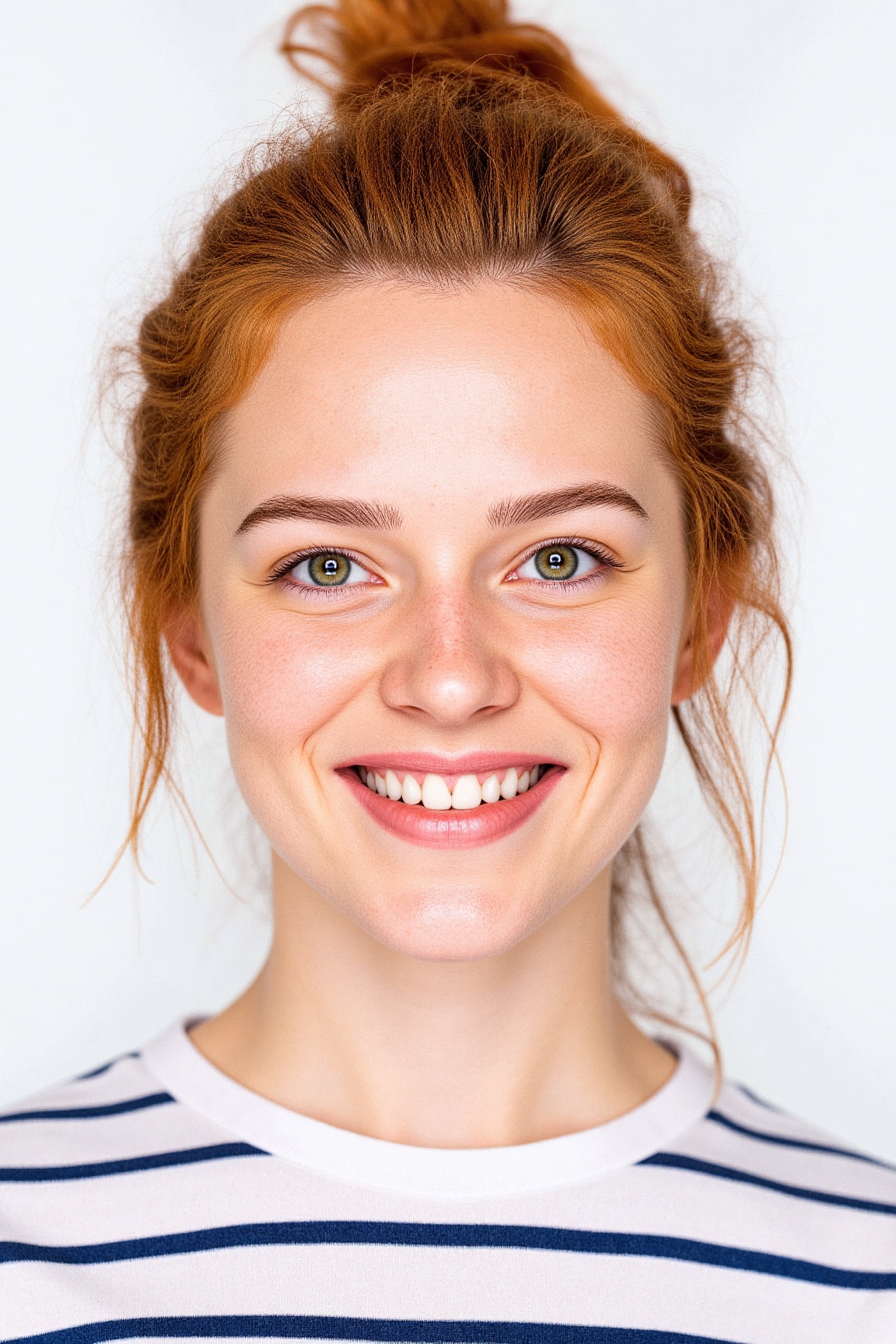 A portrait of a young woman with a warm,  natural smile,  facing the camera directly against a clean white background. She...