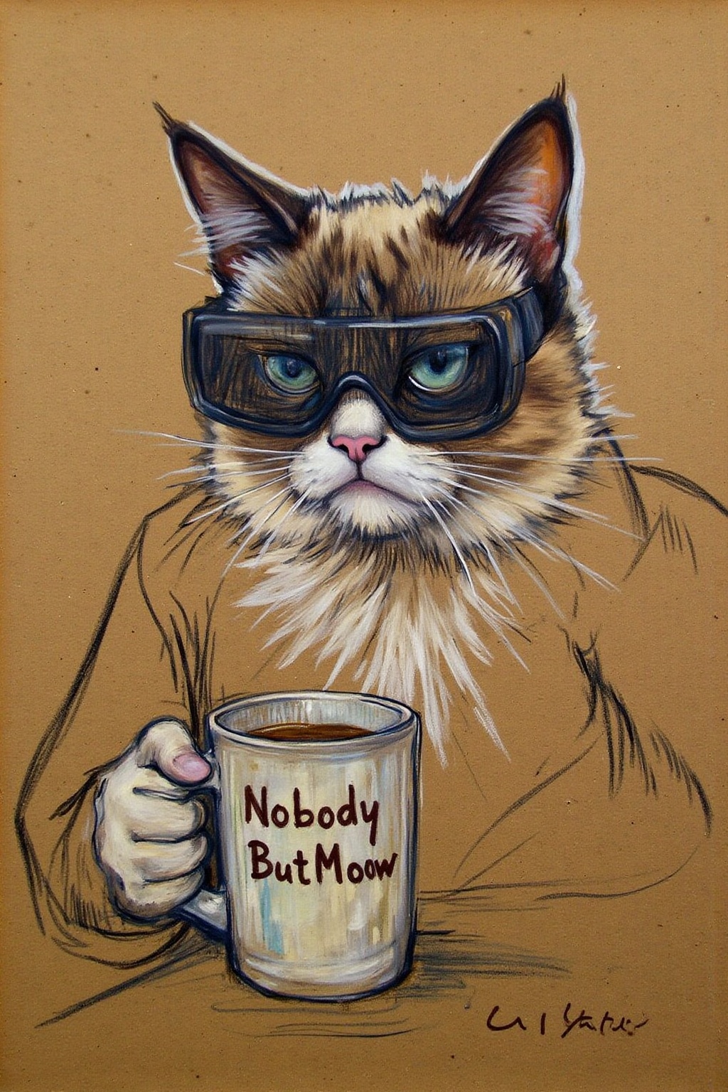 lautrec1 drawing created using charcoal and pastel on brown paper. Grumpy Cat holidng a coffee mug,  wearing a VR Headset....