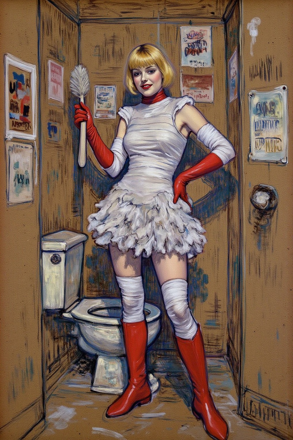 lautrec1 painting. A slim Swedish woman stands confidently in a small,  dingy restroom. She platinum blonde bob haircut an...