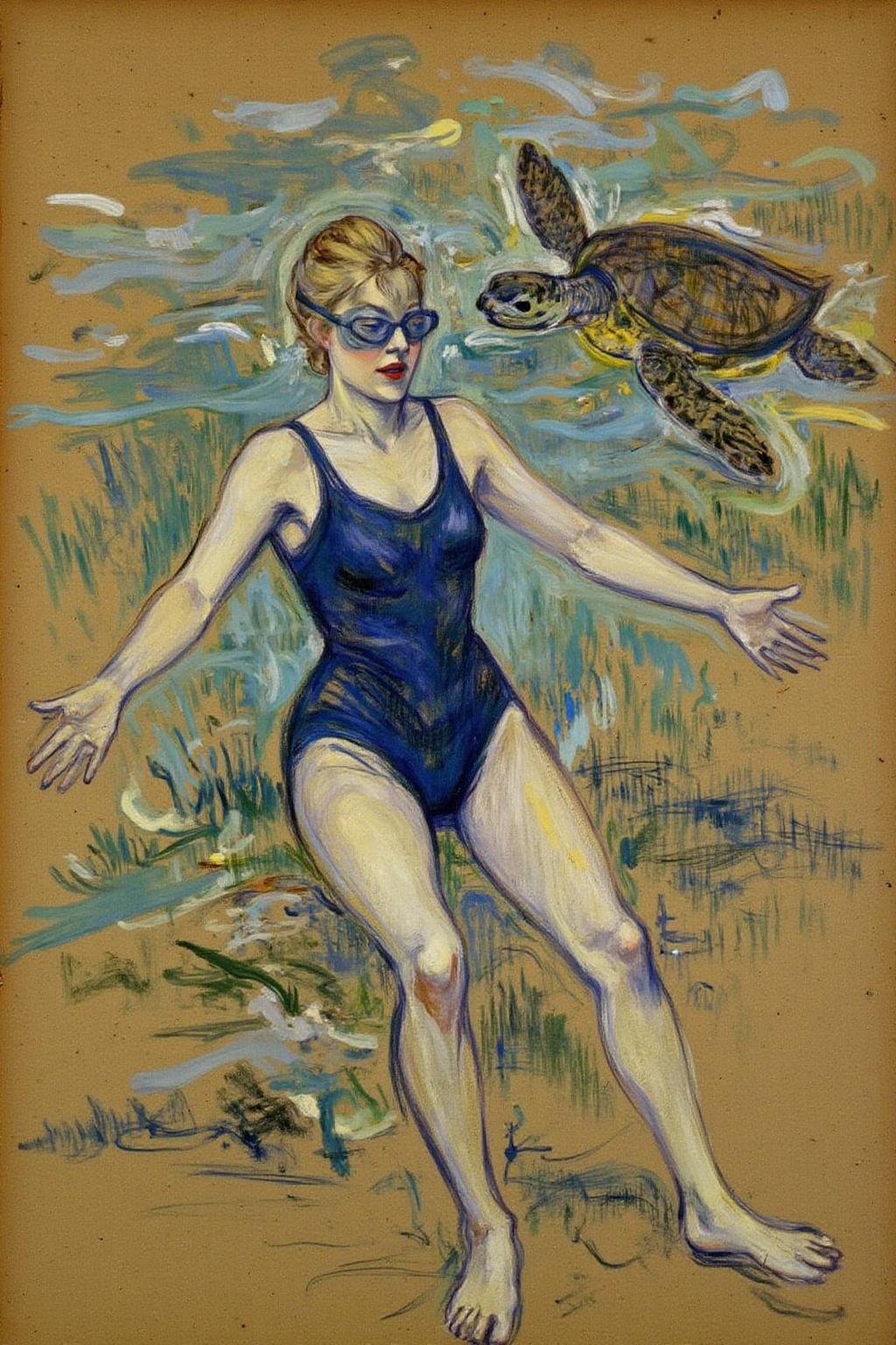 lautrec1 drawing created using charcoal and pastel on brown paper. A woman swimming underwater. The woman is wearing a blu...