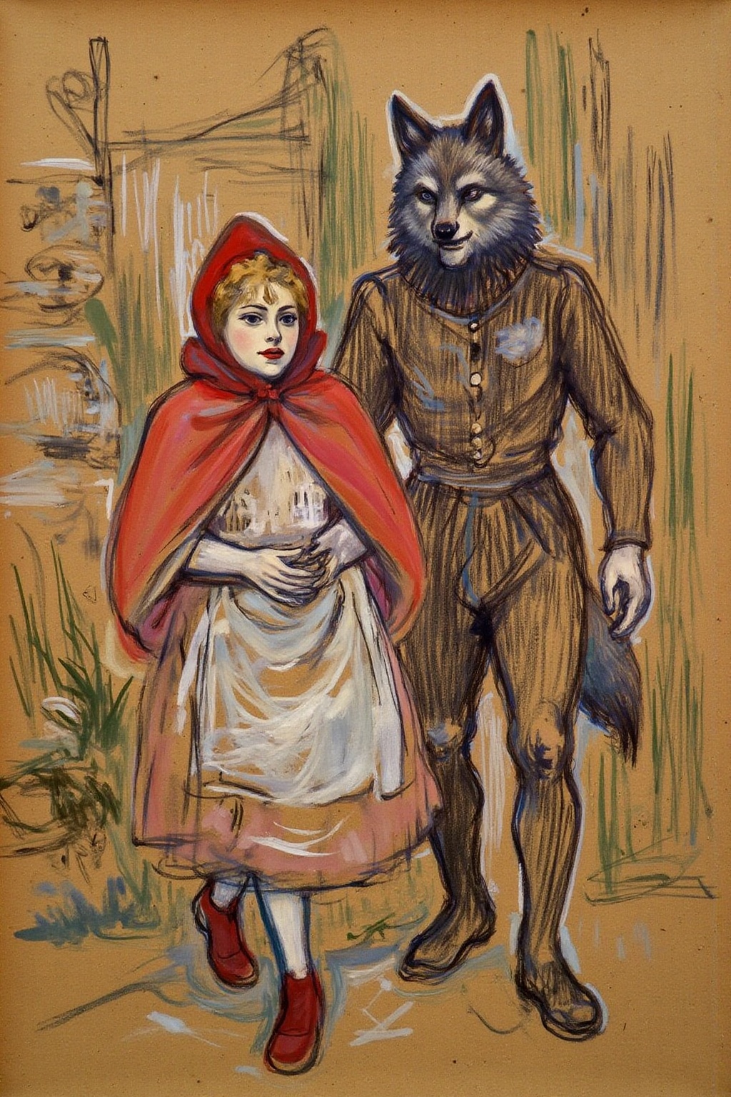 lautrec1 drawing created using charcoal and pastel on brown paper. Little Red Ridding Hood walkign along side the Big Bad...