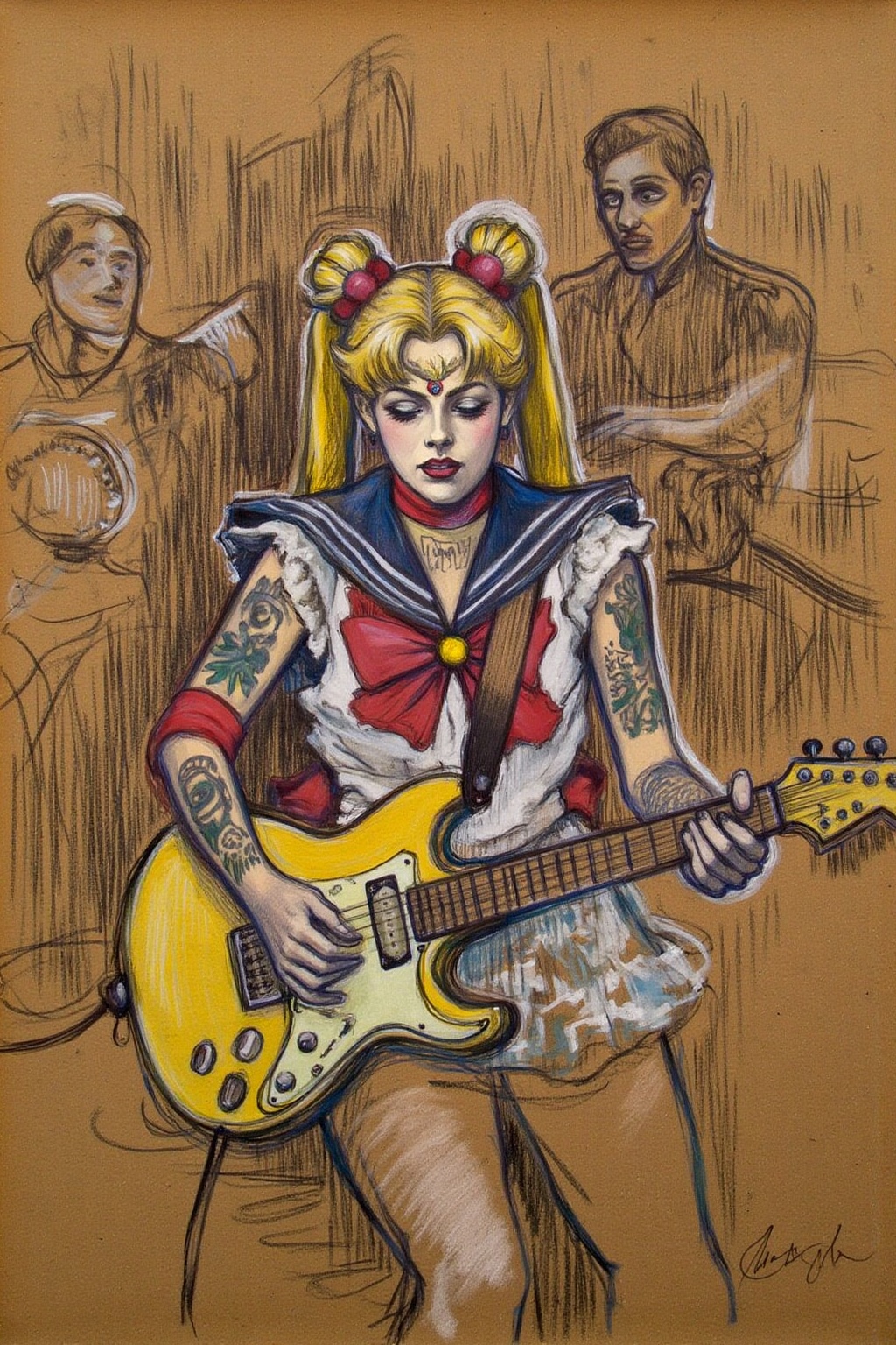 lautrec1 drawing created using charcoal and pastel on brown paper. punk sailor moon playing a guitar at a heavy metal mosh...