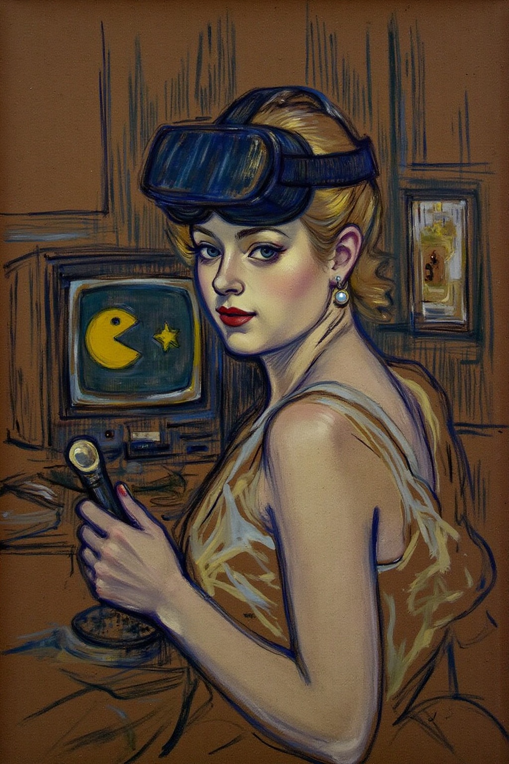lautrec1 drawing created using charcoal and pastel on brown paper. A young woman turned slightly toward the viewer,  She w...