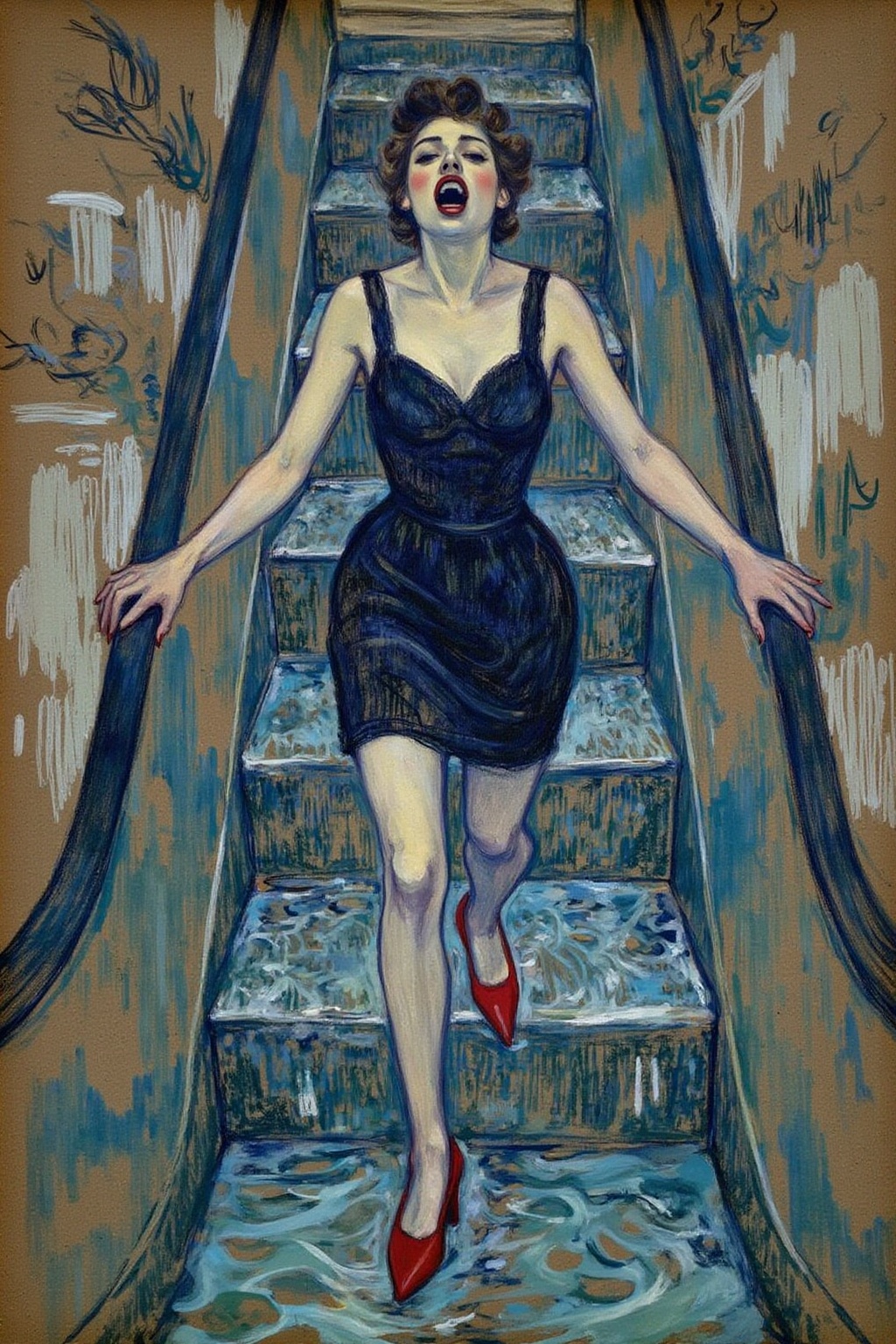 lautrec1 painting A woman in a chic little black dress and vibrant red high heels,  gracefully descending an escalator. Sh...