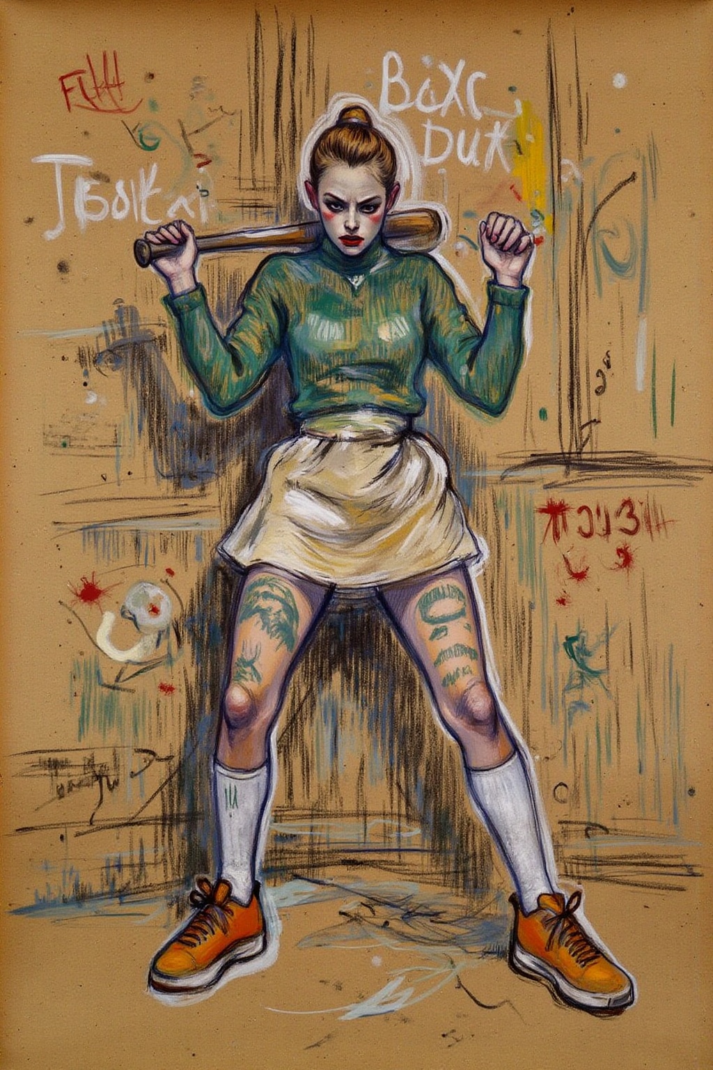 lautrec1 drawing created using charcoal and pastel on brown paper. full body,  liquid splash,  cartoonish juicy fruits cha...