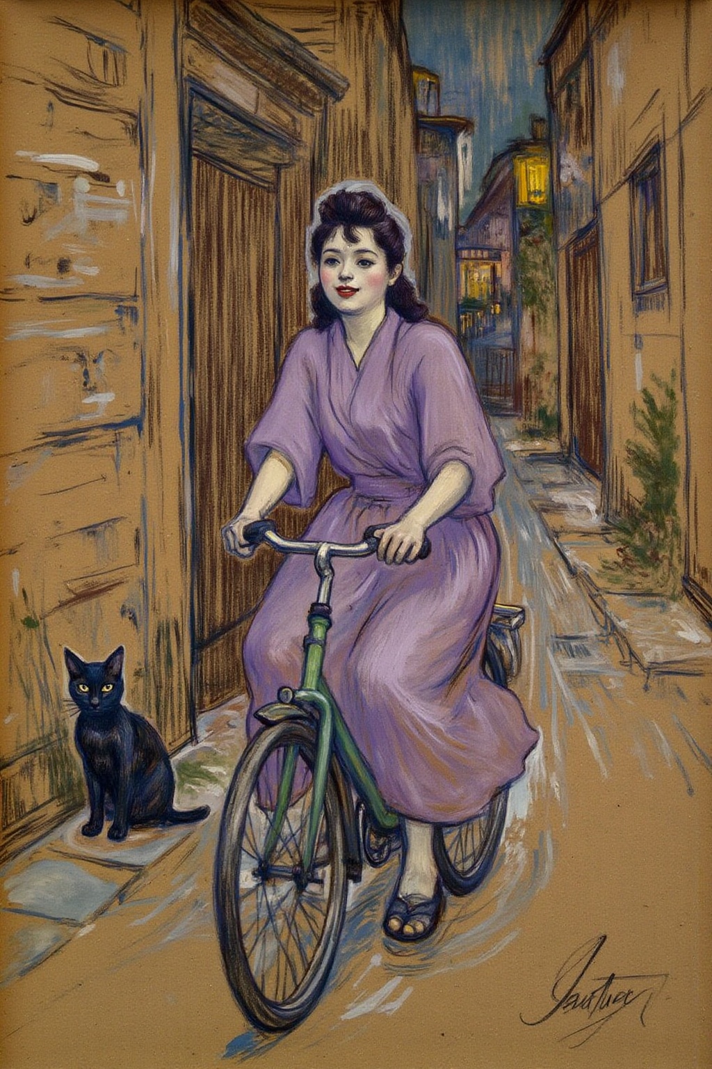 lautrec1 drawing created using charcoal and pastel on brown paper. A Japanese school girl riding a old style bicycle throu...