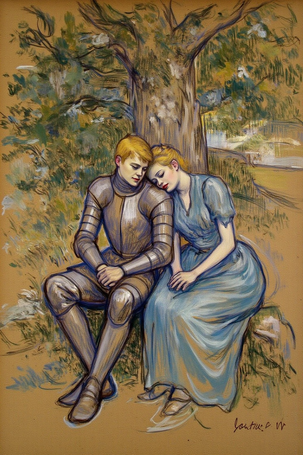 lautrec1 drawing created using charcoal and pastel on brown paper. a blonde knight and a lady sitting under a tree. The la...