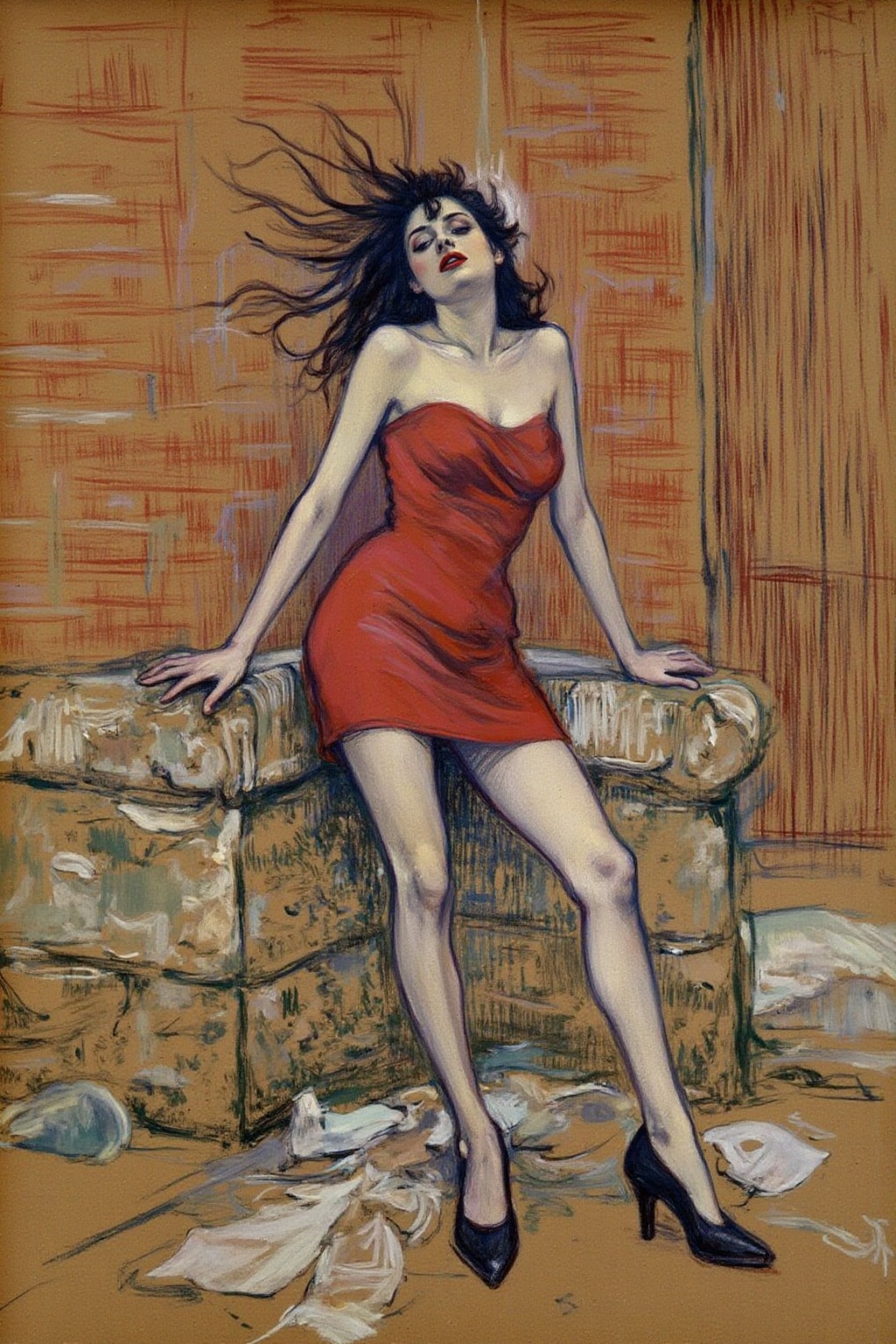 lautrec1 drawing created using charcoal and pastel on brown paper. A woman leaning against a brick wall,  set in an urban...