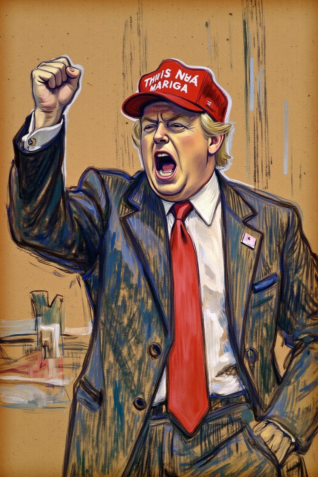 lautrec1 painting Donald Trumpt waring MAGA baseball cap,  shouting angrily,  with his fist in the air on Tensor.Art