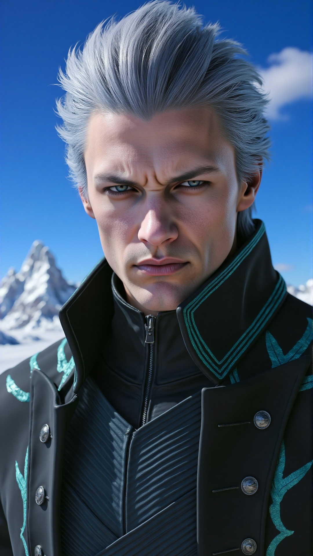 Create a highly detailed portrait of a young man,  vergil with silver white hair slicked back,  exuding confidence and mys...