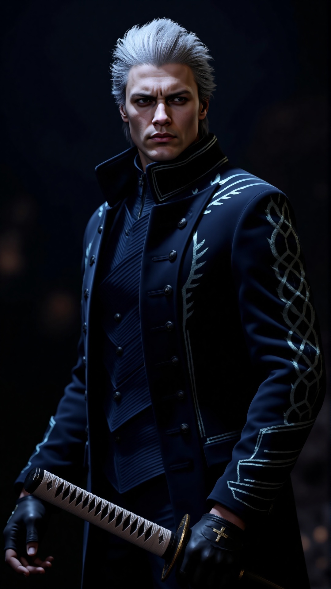 A young man,  vergil with silver white hair that stood on end,  wearing a dark blue long coat with glowing stripes and pat...