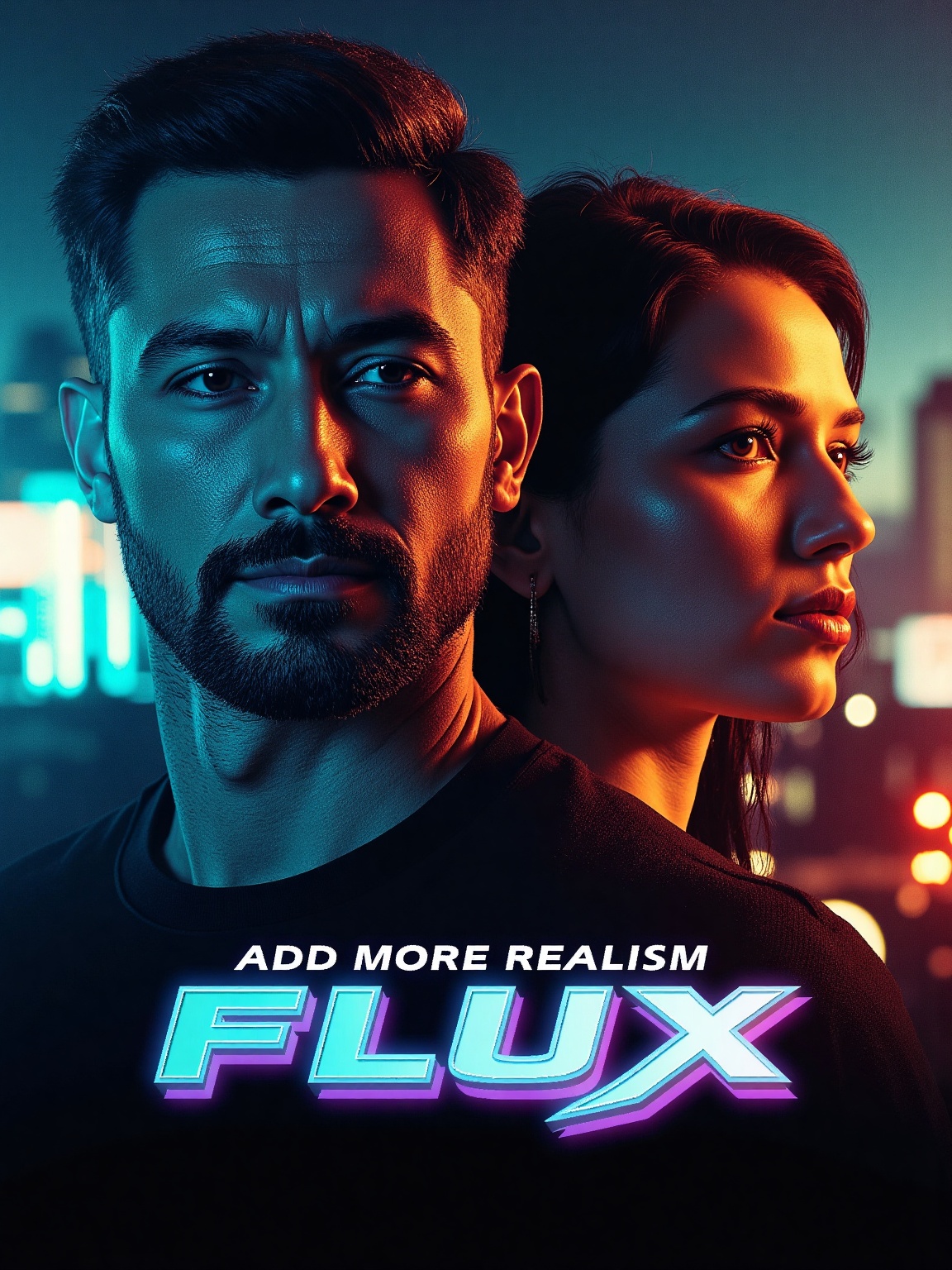 A cinematic portrait featuring a man and woman side by side,  captured in a dramatic and immersive movie poster style. The...