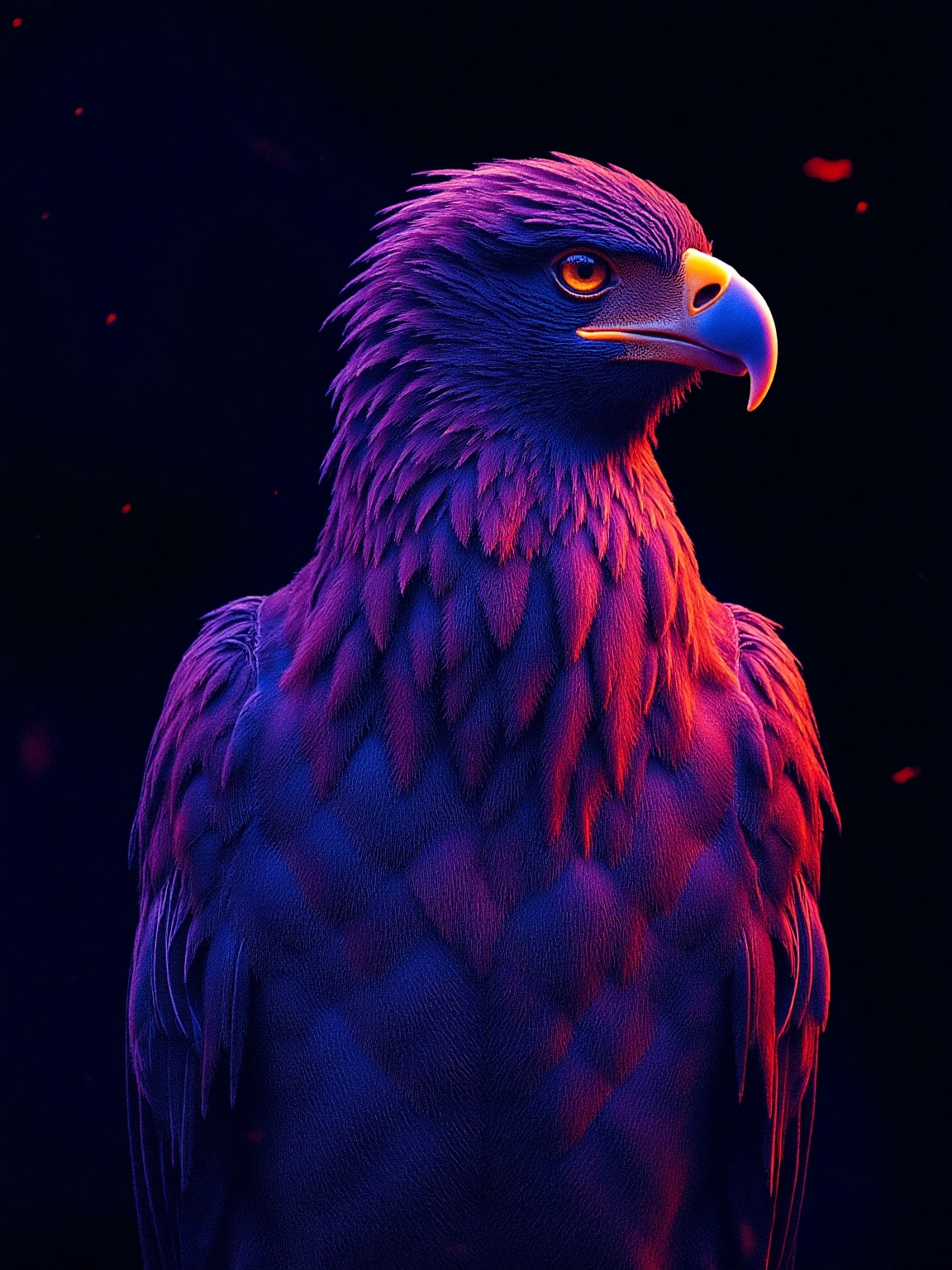 A majestic eagle stands prominently,  exhibiting meticulously detailed and vividly colored feathers transitioning from dee...