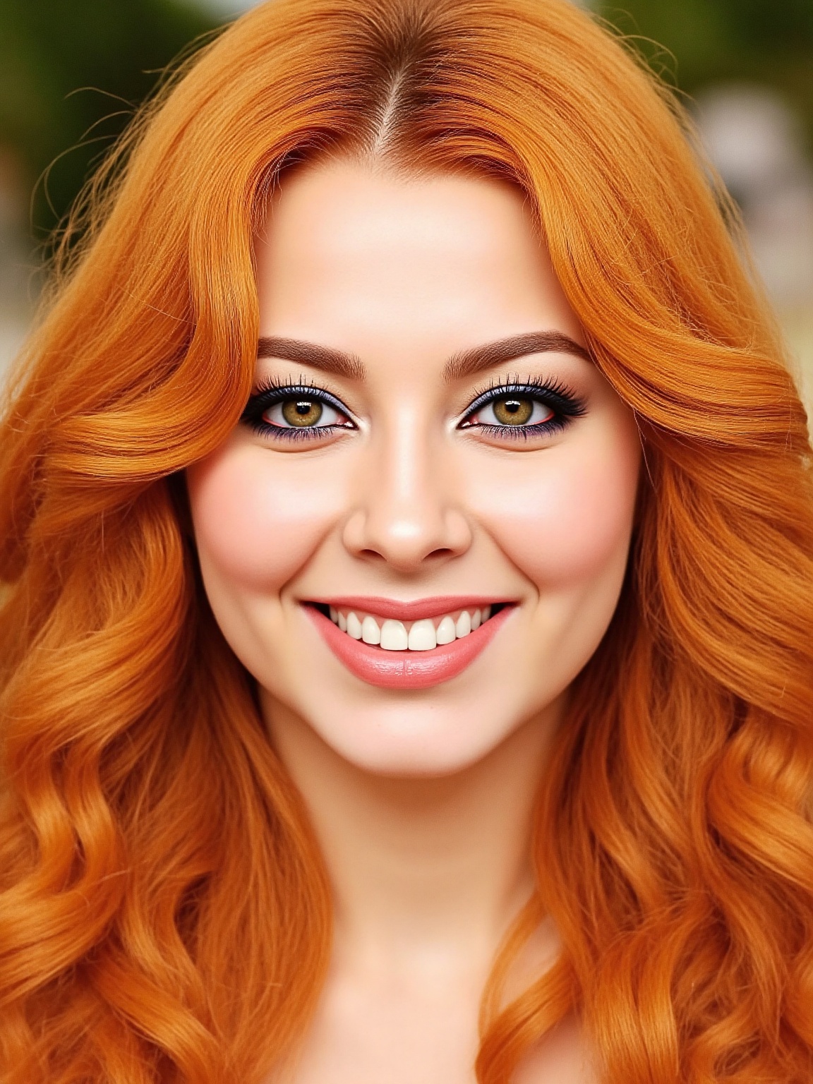 Ultra-detailed,  highly realistic portrait of a smiling woman,  bright orange and yellow wavy hair on Tensor.Art