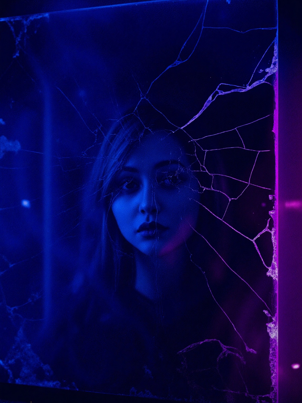 A shattered mirror dominates the foreground,  its jagged cracks catching subtle,  diffused light. Reflected in the broken...