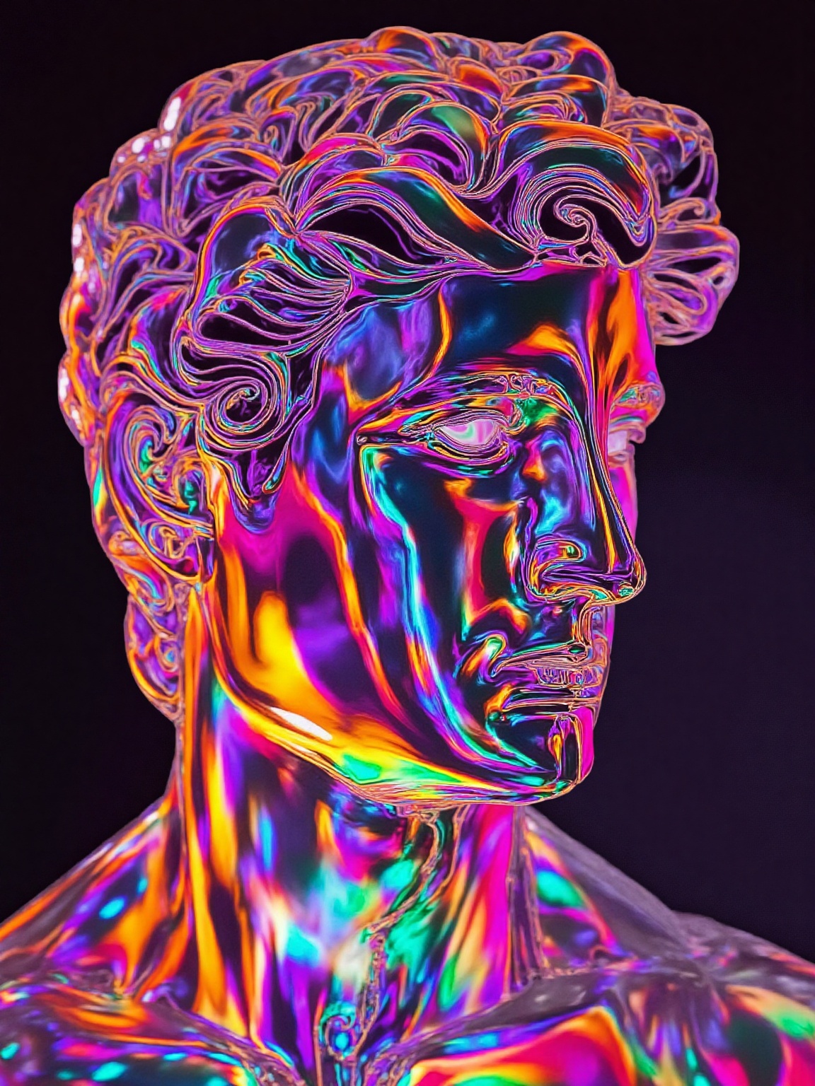 a reimagined bust inspired by Michelangelo’s David,  rendered in a transparent,  iridescent material that reflects vibrant...