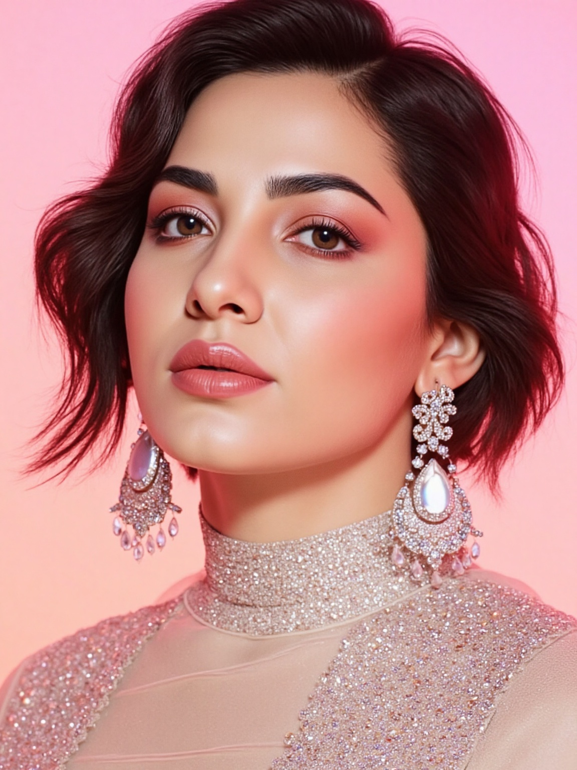 A highly detailed,  photorealistic portrait of a young woman with a soft and smooth complexion. She has short,  wavy on Te...