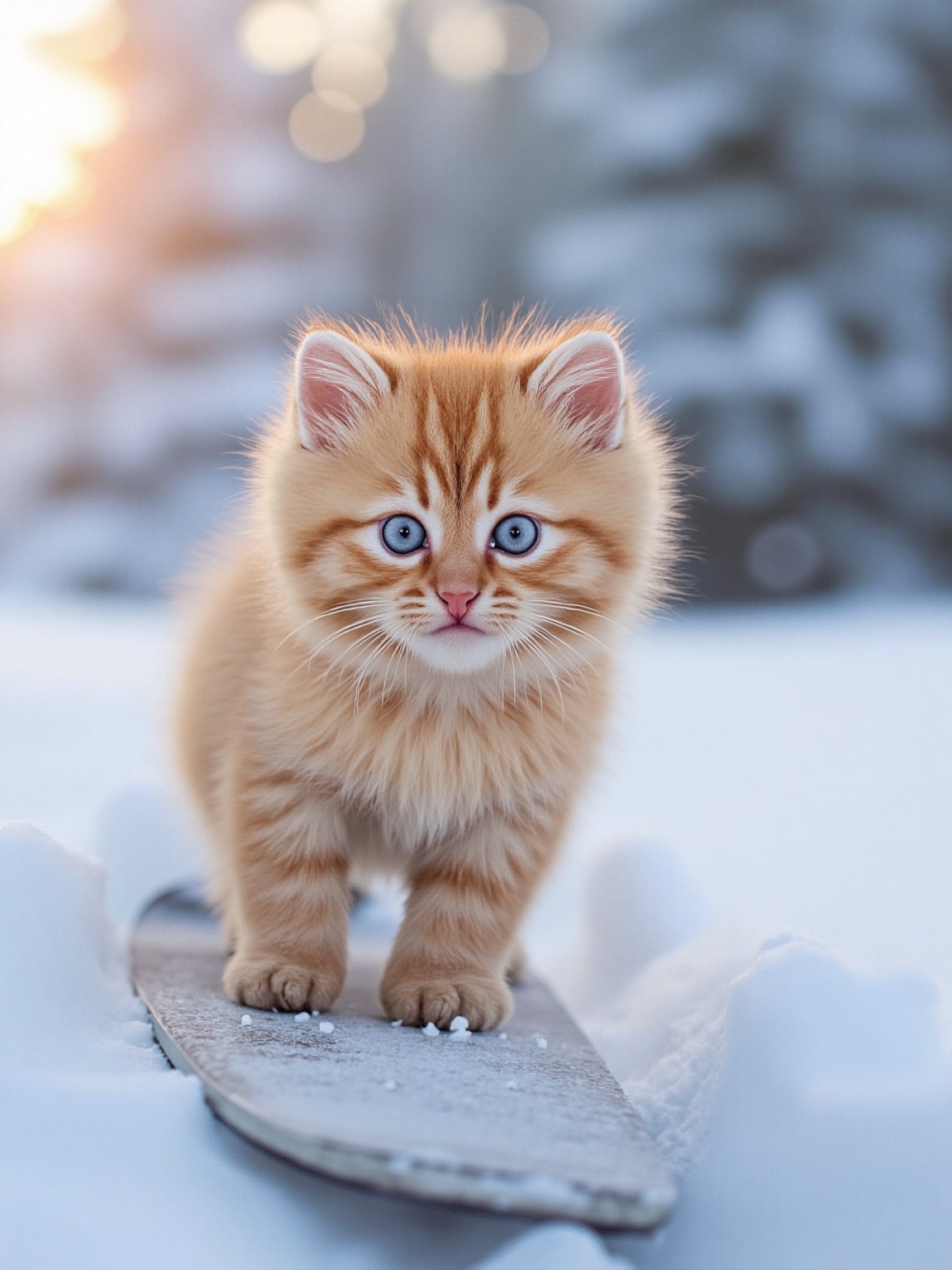 A fluffy orange kitten with bright blue eyes balances on a snowboard,  carving through snowy terrain with ease. The winter...
