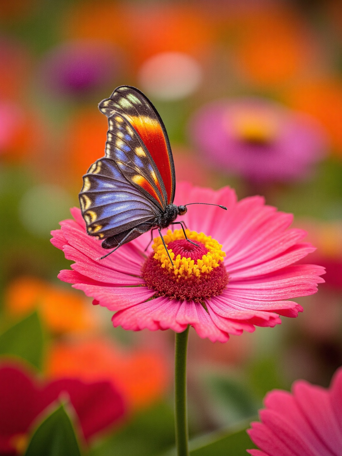 A vibrant butterfly with intricate patterns of blue,  yellow,  and orange on its wings gracefully perches atop a pink flow...