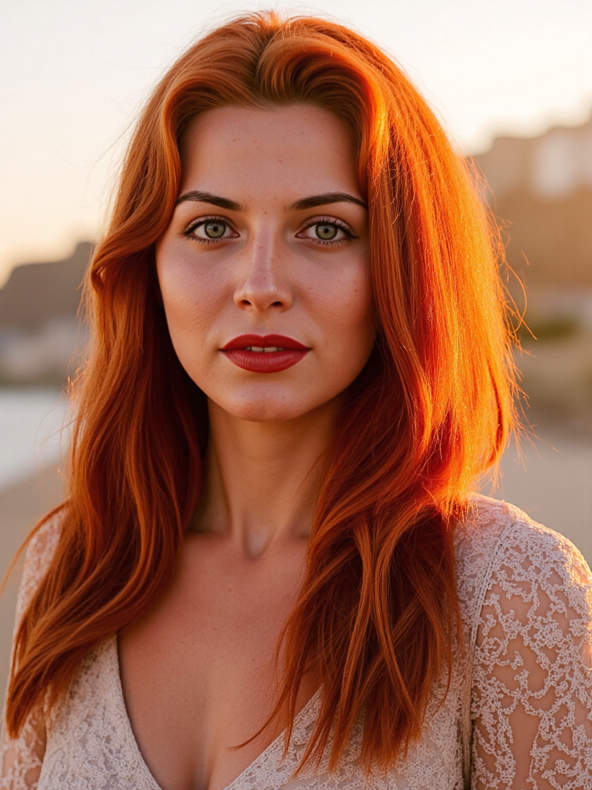 a red-haired woman at the edge of a serene beach during the golden hour. Her long,  fiery red hair cascades over her shoul...