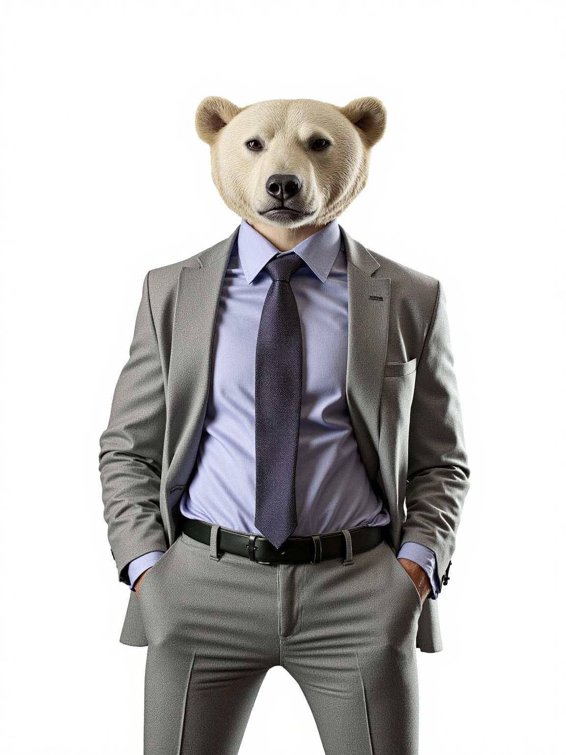 An 8k image of a muscular Polar bear in a human body wearing a business suit with a very determined face against a pure wh...