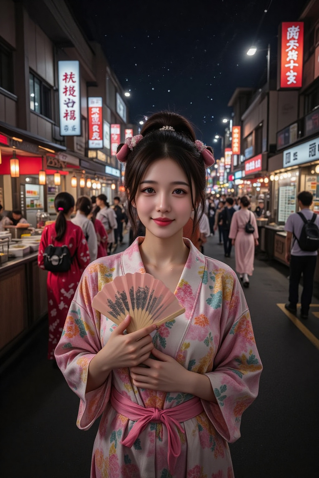 A sexy Japanese woman with a curvy figure,  upper body shot,  enjoying a summer festival at night. She is dressed in a col...