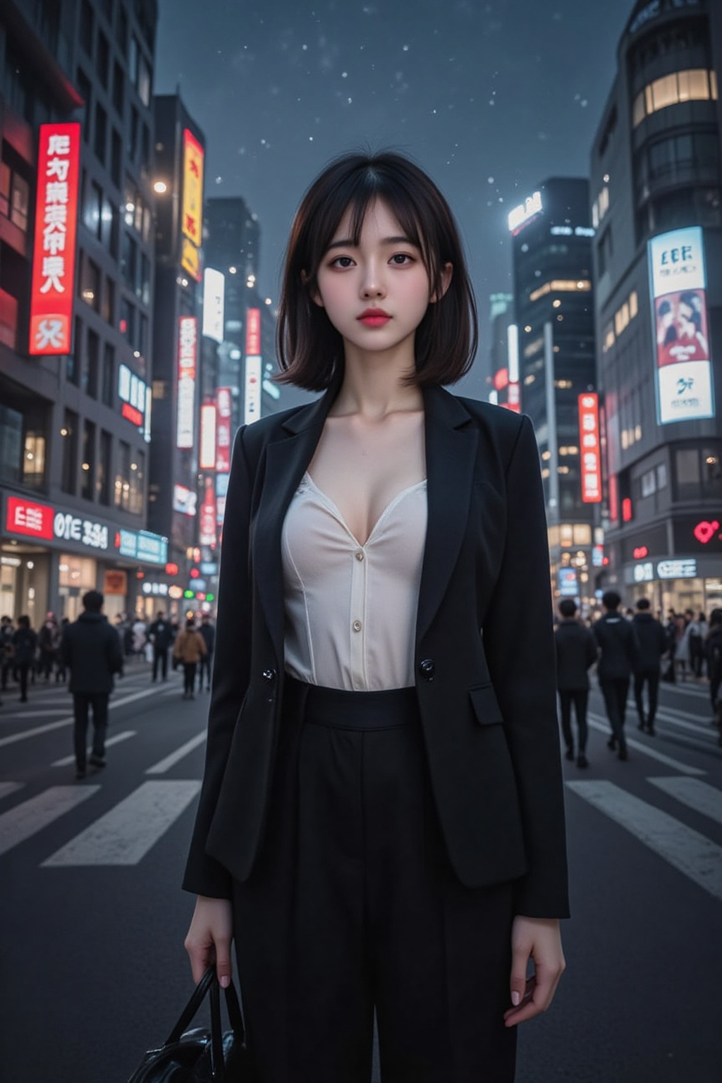 A beautiful and curvy Japanese woman with a large bust,  upper body shot,  posing in a modern city setting during the even...
