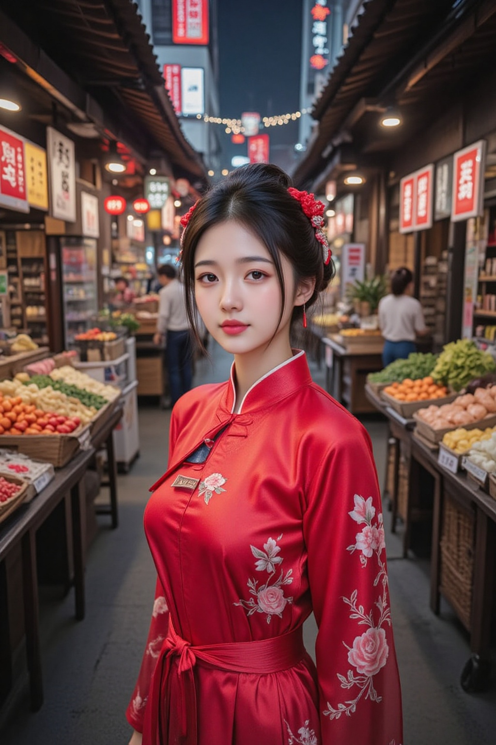 A beautiful and curvy Korean woman with a large bust,  upper body shot,  standing in a traditional market. She is dressed...